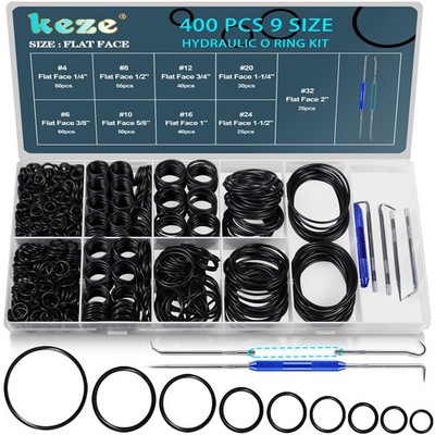 KEZE 400 Pcs Hydraulic O-Ring Flat Face Fittings 9 Size Buna-N 70A O Black 