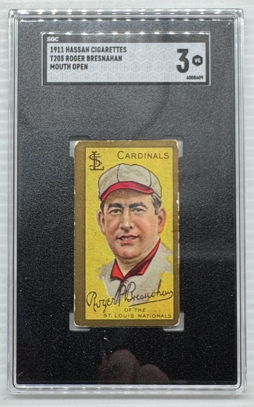 1911 Hassan Cigarettes T205 Roger Bresnahan Mouth Open Vintage Card SGC 3