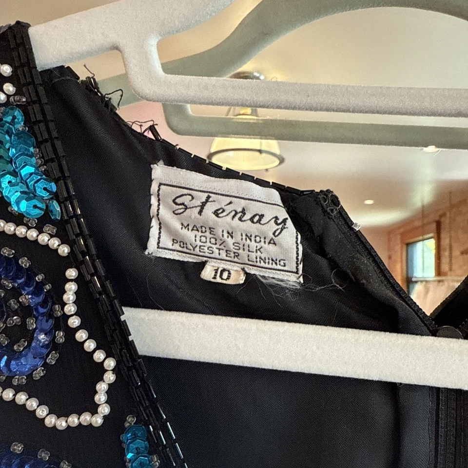 复古 Stenay 珠饰黑色和蓝色 100% 真丝连衣裙  — 第 3/4 张图片