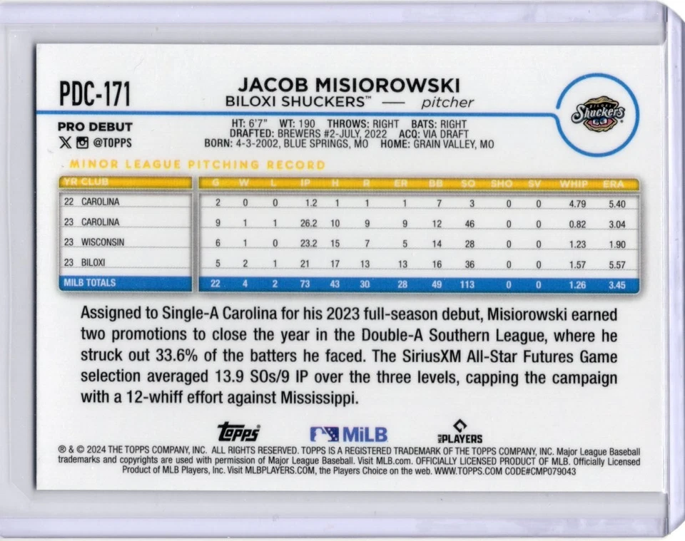 2024 Topps Pro Debut - Jacob Misiorowski - Chrome #PDC-171 - Image 2 of 2