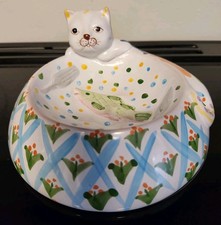 Vintage Hand Painted Cat Clay Pottery Cat Food Bowl 7"