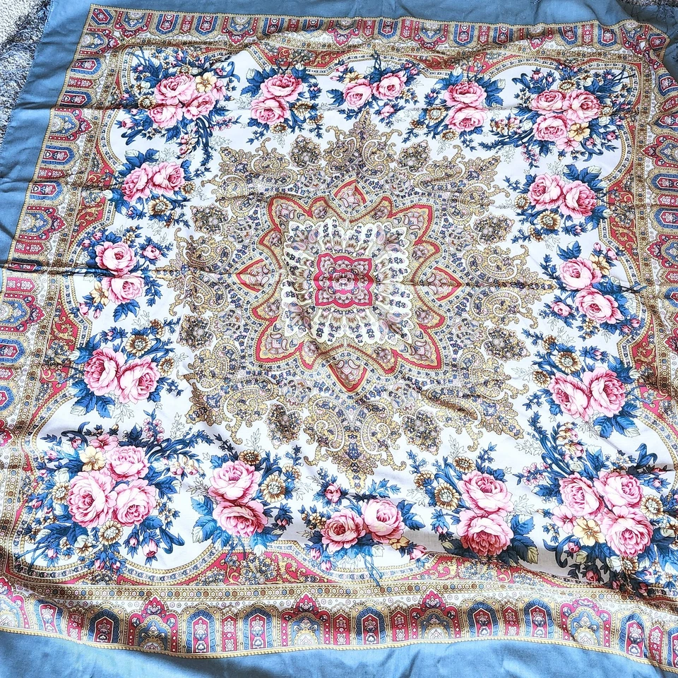VINTAGE OVERSIZED 58" SQUARE SHAWL FINEST SILKY WOOL BLUE PIANO FLORAL ROSE - Image 2 of 4
