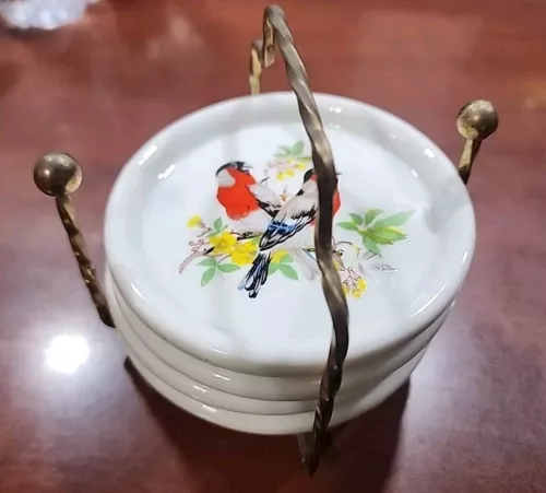 Vintage Interpur Birds Porcelain Coaster Set of FOUR With Metal Holder Caddy