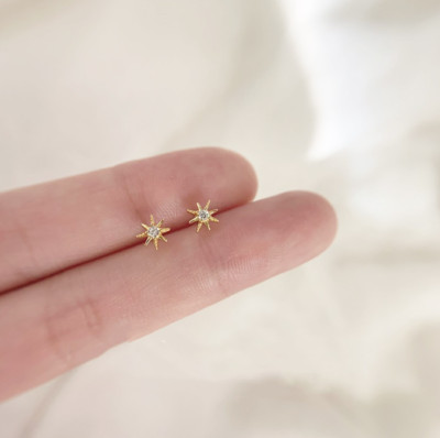 Tiny Gold Star Snowflake Flower Pave Cubic Zirconia Stud Earrings