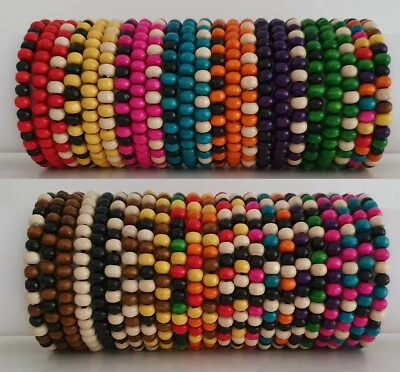 Womens Wooden Bead Tribal / Surfer Elastic Stacker Bracelet - 49 Colours NEW - Image 1 of 4