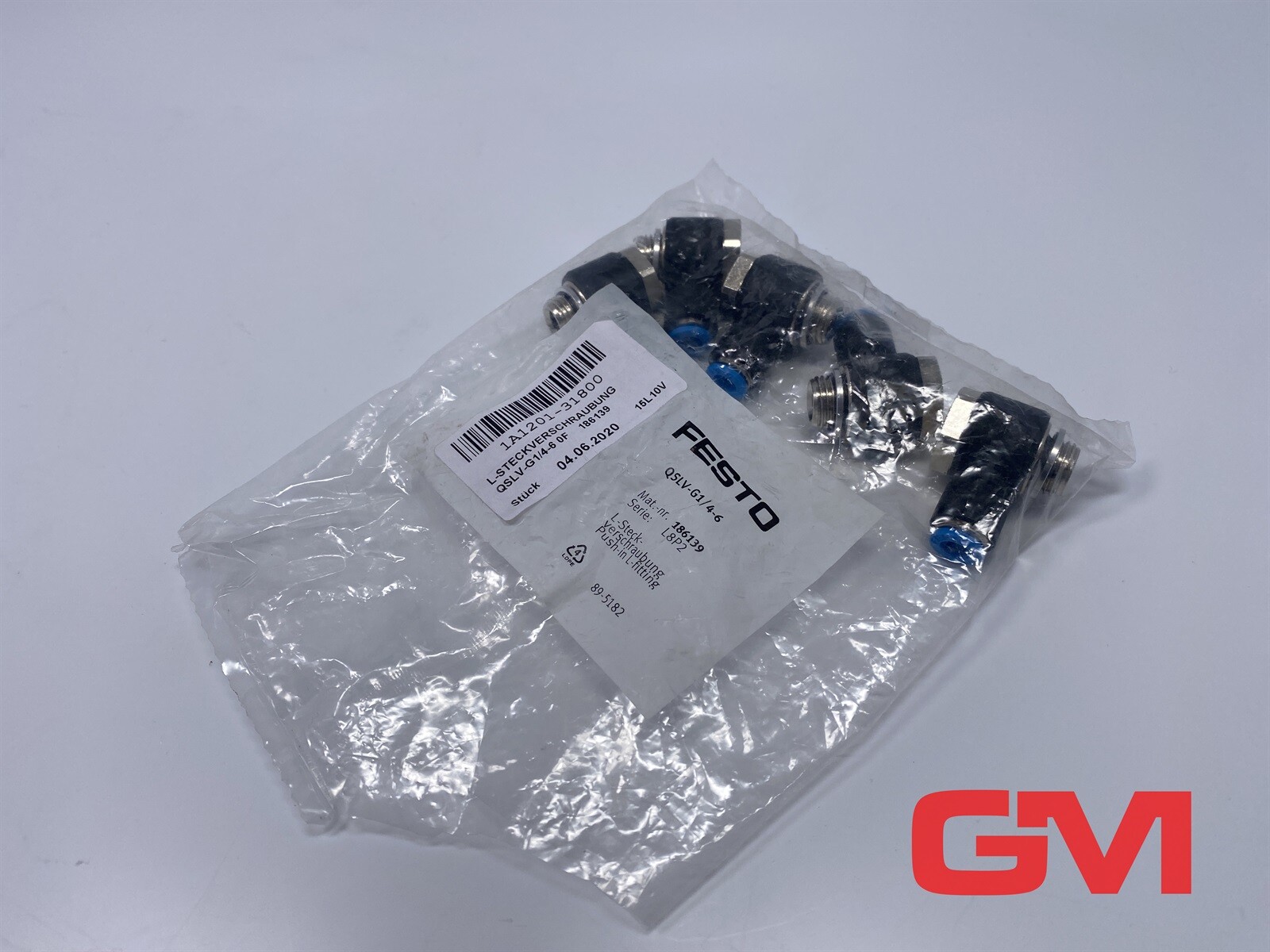 Ve 5x Festo L-Steckverschraubung 186139 Push-In L-Fitting Qslv-G1/4-6 L8P2