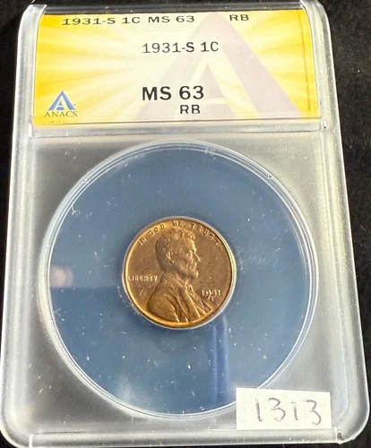 GORGEOUS & Rare 1931 S ANACS MS63 Red Brown RB Lincoln Wheat Cent 1c 1313