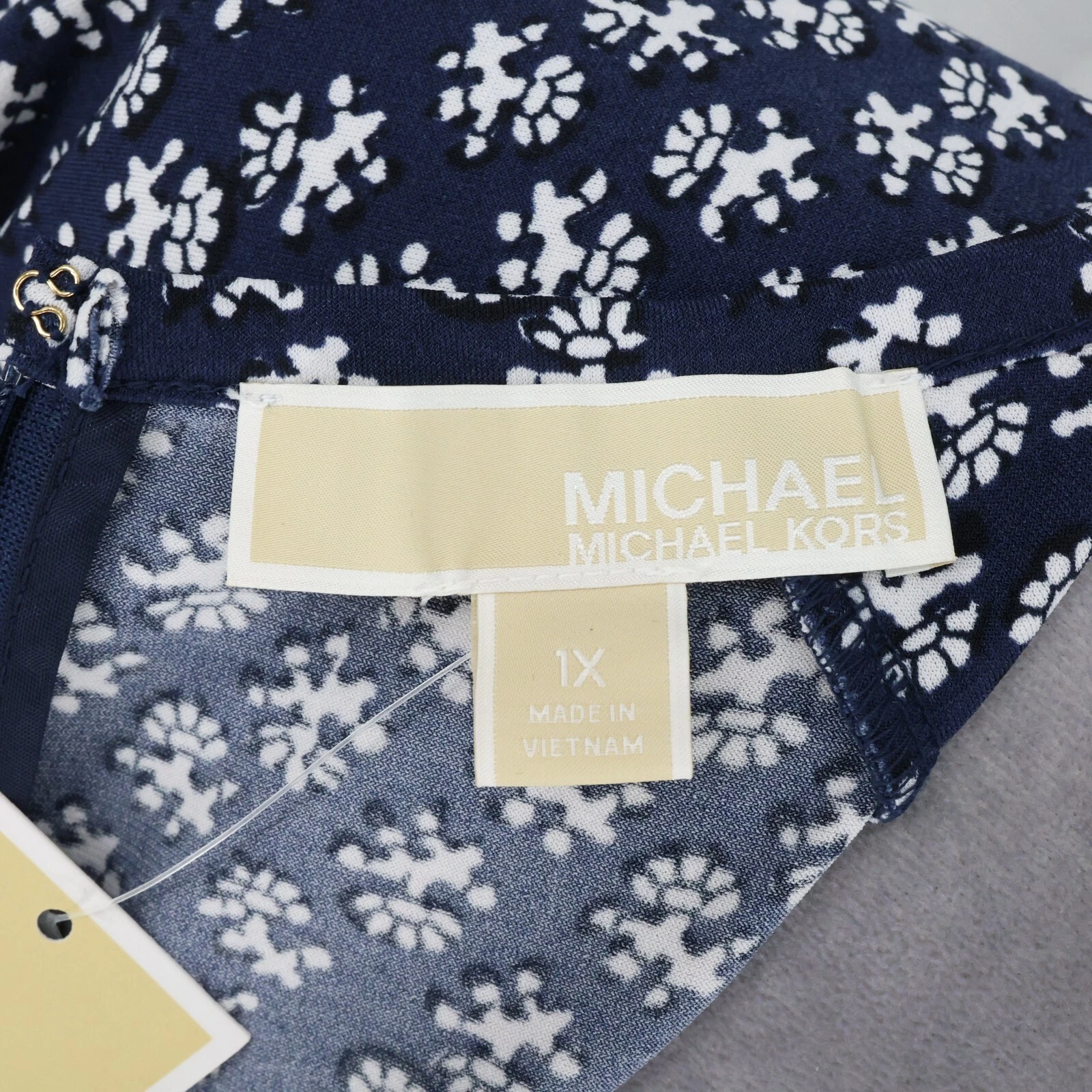 Abito Michael Kors taglie forti 1x blu navy stampa maglia elasticizzata cerniera carriera nuovo