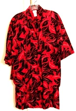 Sostanza Womens 3 Piece Shirt Skirt Set Red Black Floral Pleated Pocket USA 12
