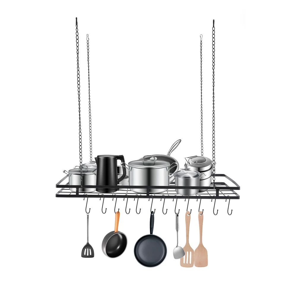 Modern Hanging Pot Holder Pan Hanger Kitchen Ceiling Rack with 12 Hooks Black - Image 4 of 4