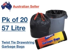 x 20 Mighty Garbage Rubbish Garden Refuse Bag Black Liner 57L 80x65cm Tie String