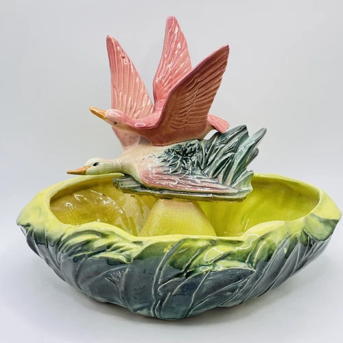 Vtg. 1955 McCoy Flying Ducks Planter Pink Yellow Green 10.5” x 8.5”