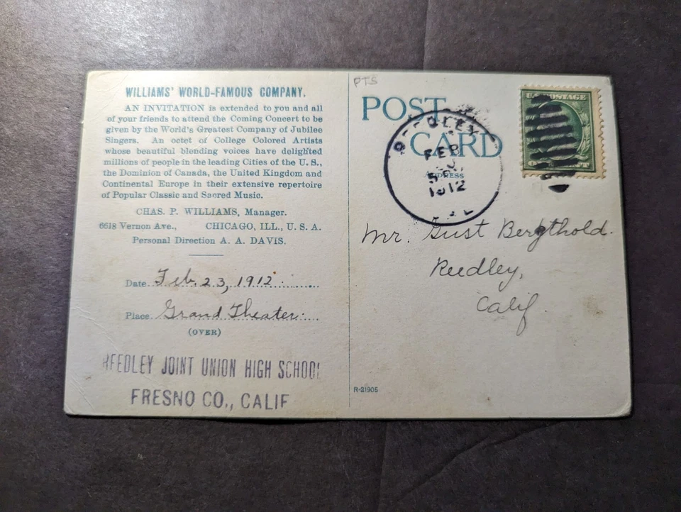 1912 США открытка обложка Беркли в Радли CA США черный Americana музыкальный хор - Изображение 2 из 2