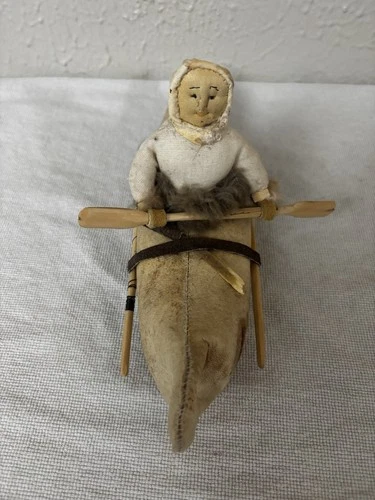 Signed Francisca Brown Yup'ik Model Kayak Eek Alaska Native Art Hide Doll 11"