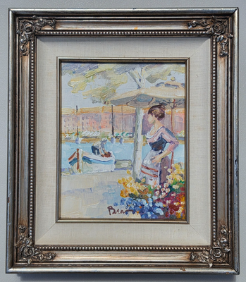 #ad BENN ITALIAN HARBOR IMPRESSIONIST OIL PAINTING ON CANVAS MID CENTURY BOAT $249.99