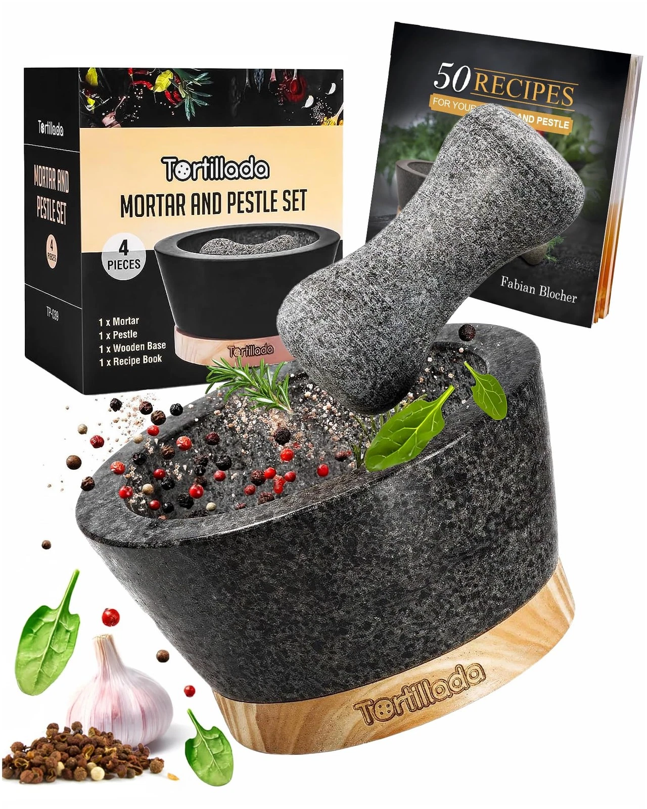 – 6-inch Mortar and Pestle Set Large Made of Natural Granite with Anti-Scratc...