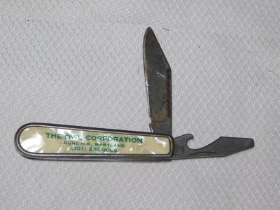 VINTAGE COLONIAL USA THE OWL CORP.  AD GADGET POCKET KNIFE BOTTLE OPENER KNIVES