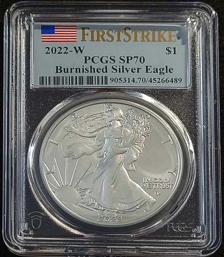 2022-W Burnished $1 American Silver Eagle PCGS SP70 FS Flag Label