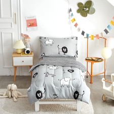 4 Piece Gray Grey Toddler Bedding Set with Multi Animals Printed for Baby Boy...