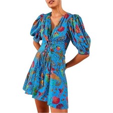 Farm Rio Ocean Resort Mini Dress Puff Sleeves V-Neck Tropical Boho Womens Small