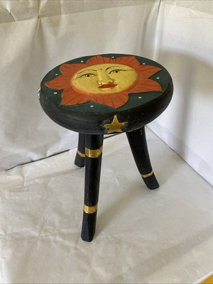 Milking Stool Celestial Folk Art Wooden Three Legged Sun Moon Stars & Sturdy