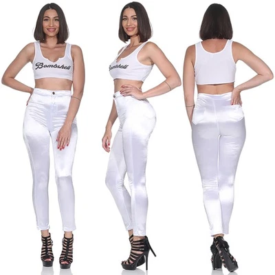Damen Satin High Waist Röhrenhose Skinny Stoff Hose Stretchhose Slim Fit Weiß - Bild 1 von 4