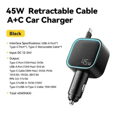12V USB C Car Charger PD 45W Fast Charging Adapter With Type C Retractable Cable