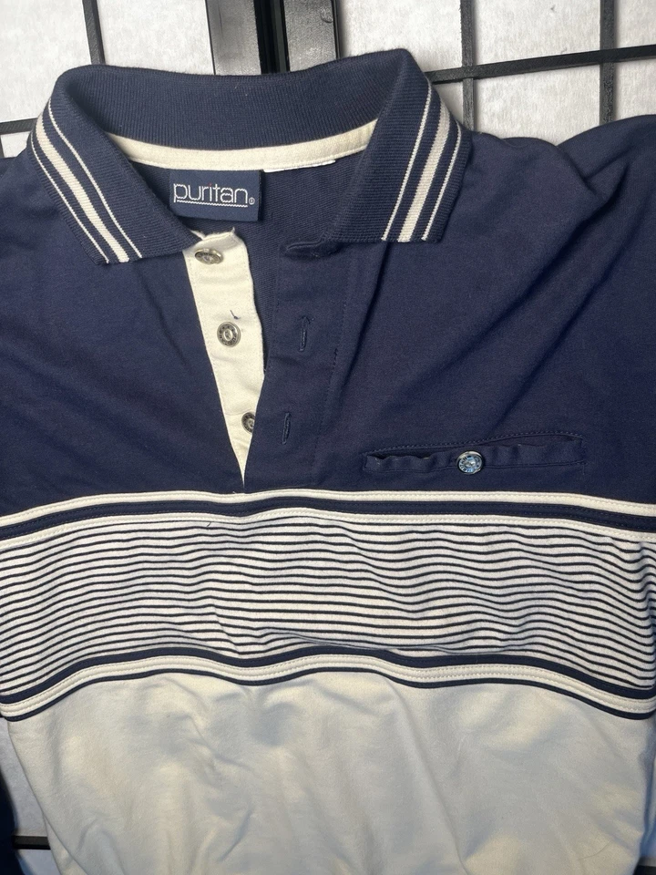 Vintage 1960s Men’s Puritan Great Gatsby Navy Puffy Long Sleeve Polo Shirt Sz M - Image 2 of 4