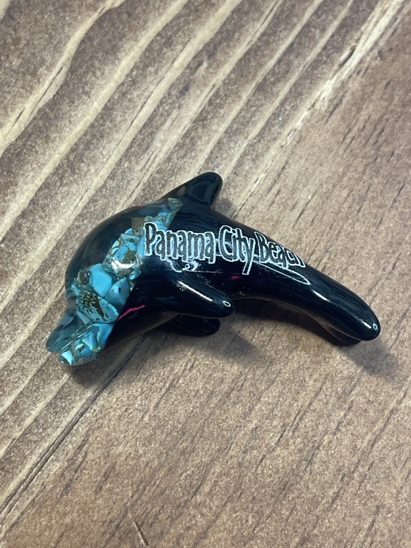 Panama City Beach Dolphin Figurine Glass Black Turquoise Inlay Souvenir 2"