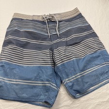 Roundtree Yorke Mens 32 Board Shorts Blue GRAY STRIPS Swim DRAWSTRING POCKET