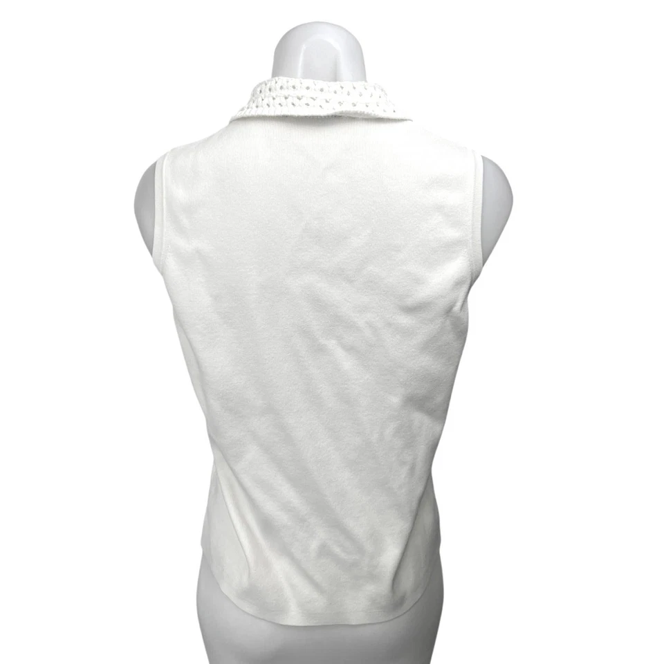Tahari Blanco Acanalado Tejido Sin Mangas Crochet Cuello Botón Polo Suéter Camiseta sin Mangas M Foto 2 de 4