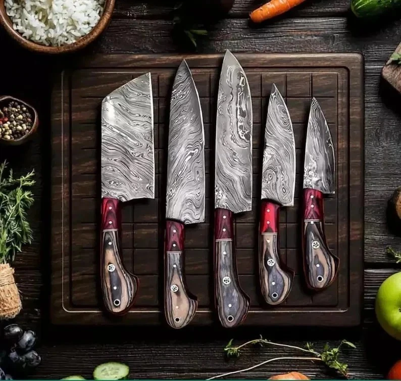 Handmade Damascus Steel Chef Knife Set | Pakka Wood Handle, Kitchen Knives
