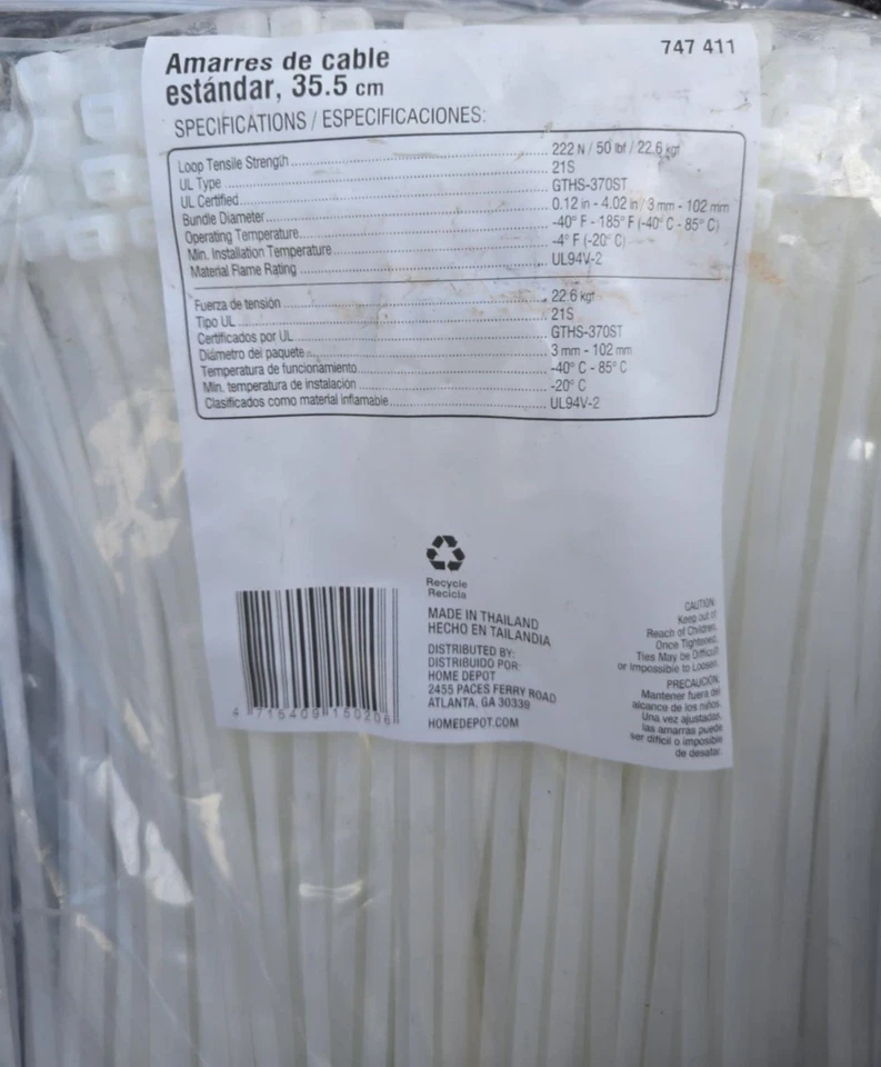 Коммерческие электрические кабельные завязки на молнии прочность на растяжение 50 фунтов 500 натуральный белый НОВЫЕ  - Изображение 2 из 3