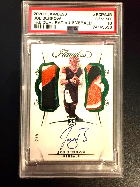 2020 Panini Flawless Joe Burrow Rookie Dual Patch Auto Emerald RDPAJB 2/5 PSA 10