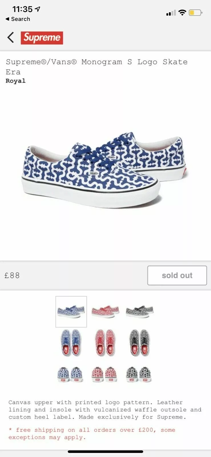 Supreme x Vans Monogram S Logo Skate Era Royal Blue? UK11,5 ✅EN MAIN 5⭐️VENDEUR