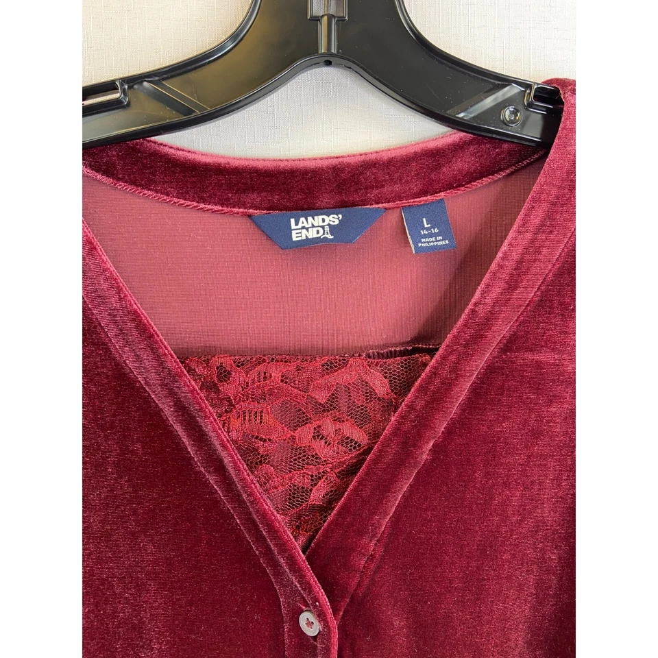 Blusa Lands End Mujer Talla Grande Mangas Largas Rojo Terciopelo Encaje Navidad Foto 2 de 4