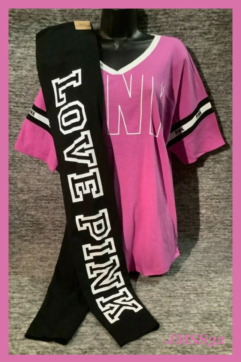 Victoria's Secret Pink Boyfriend Tee Shirt + Leggings Dazzle Pink Black  Logo L