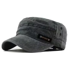 Military Hat Short Brim Flat Top Army Cadet Washed Distressed Black Cap