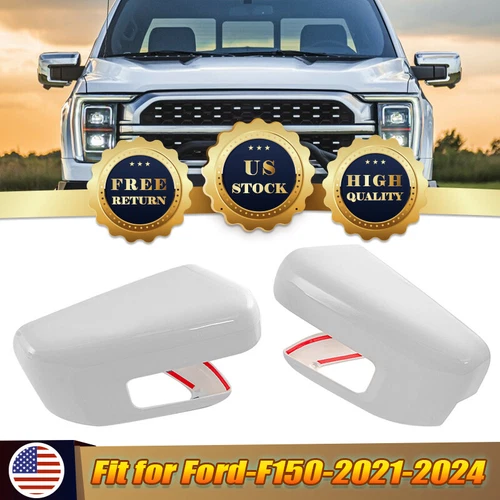 White Side Door Mirror Cover Cap For 2021~2024 Ford F150 F-150 W/Turn Signal Cut