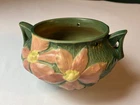 Antique Roseville Clematis Green Planter Hanging Basket Pink Flowers Art Pottery