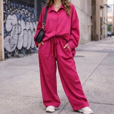 Co-ord 2 Piece Oversized Magenta Pink Shirt And Pant Set Womens Sz M Resortwear