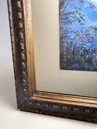 Antique Pastel PAINTING by M Gacry? LANDSCAPE Mountains Lake Trees 24 X 20” - Picture 3 of 5