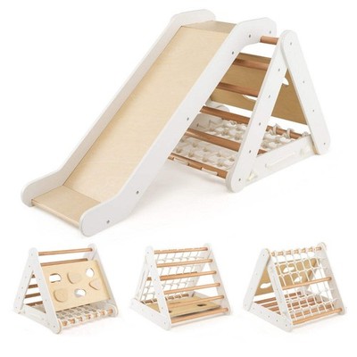 4-in-1 Dreieck Kletterset aus Holz mit Rampe Gleitbrett - Weiß