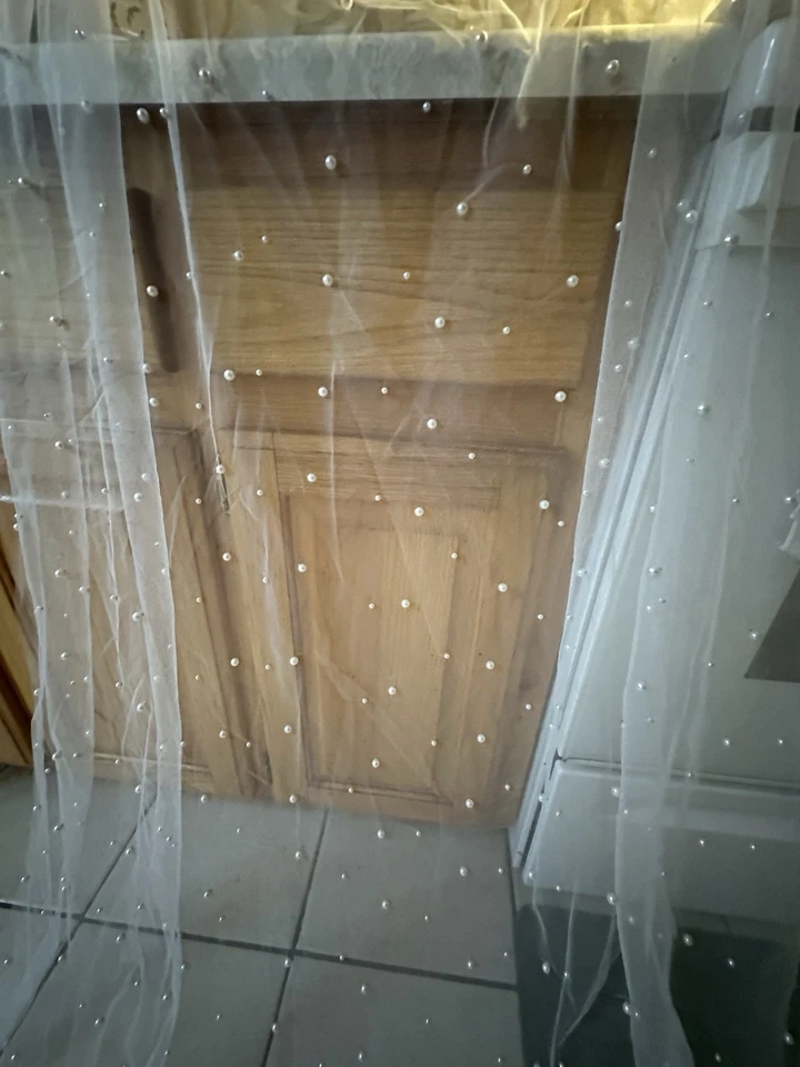 Velo de novia blanco largo catedral con perlas peine velo de novia boda Foto 3 de 3