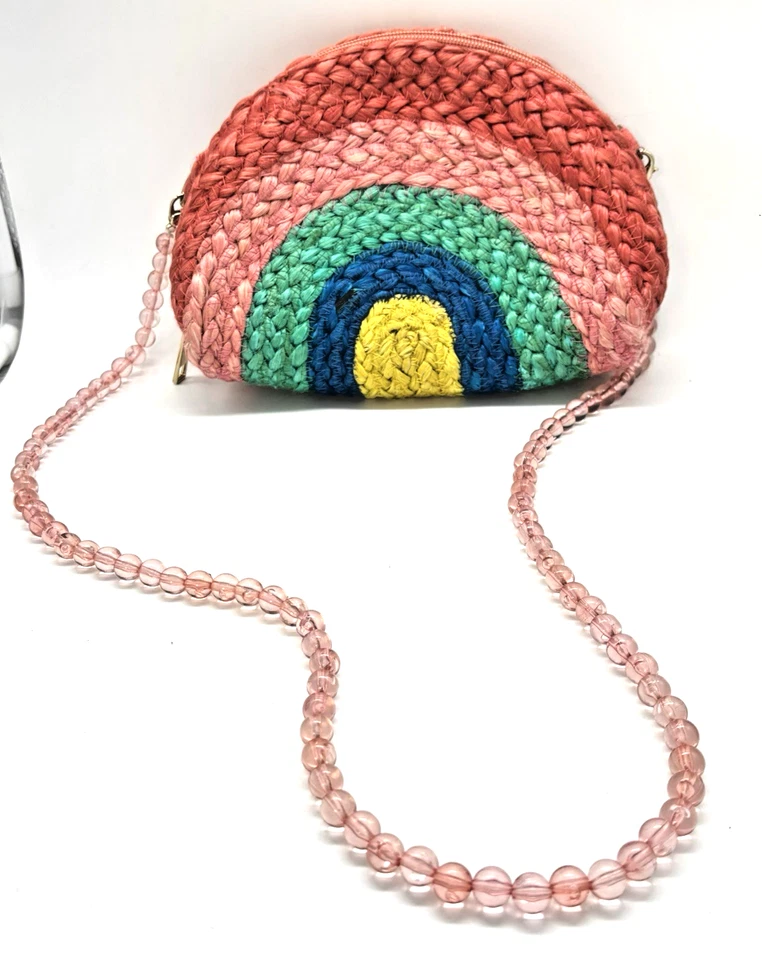 J Crew Crewcuts Niñas Arco Iris Rafia Tejido Cartera Con Cuentas Correa Bolso de Paja Verano Foto 2 de 4