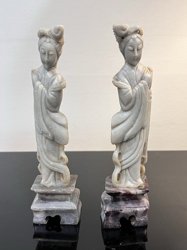 Vintage Chinese Soapstone Carvings Set Of 2 Women Figurines Asian Artisan - Picture 1 of 16