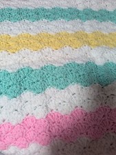 Hand Crocheted LAP BLANKET /AFGHAN 37x46 - White w/Pink, Green and Yellow