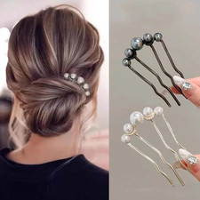 2pcs U Shaped Pearl Hair Pins Elegant Metal Fork Hair Clips for Women