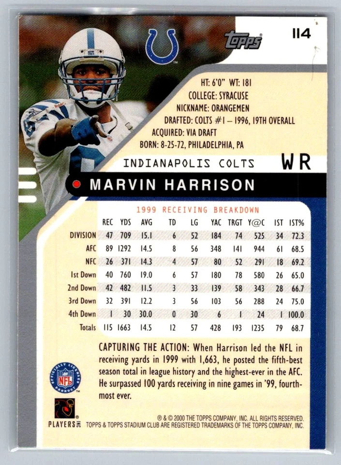 💎2000 Stadium Club Football #114 Marvin Harrison - Indianapolis Colts💎 - Image 2 of 2