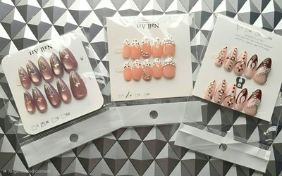 Press-On Nails Pre-Designed Full Cover 3D Almond Medium Pink Purple White